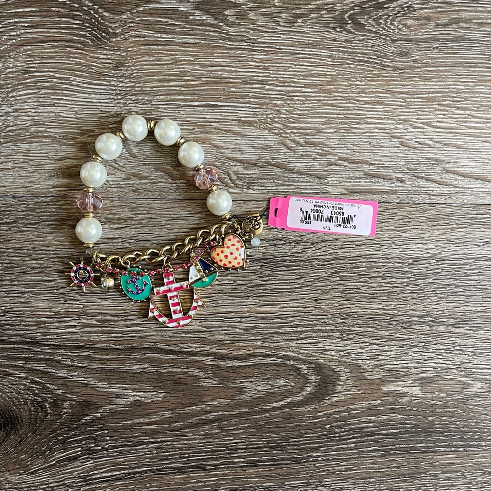 Betsey Johnson Nautical Anchor Sailboat Pearl Bracelet, Stretch